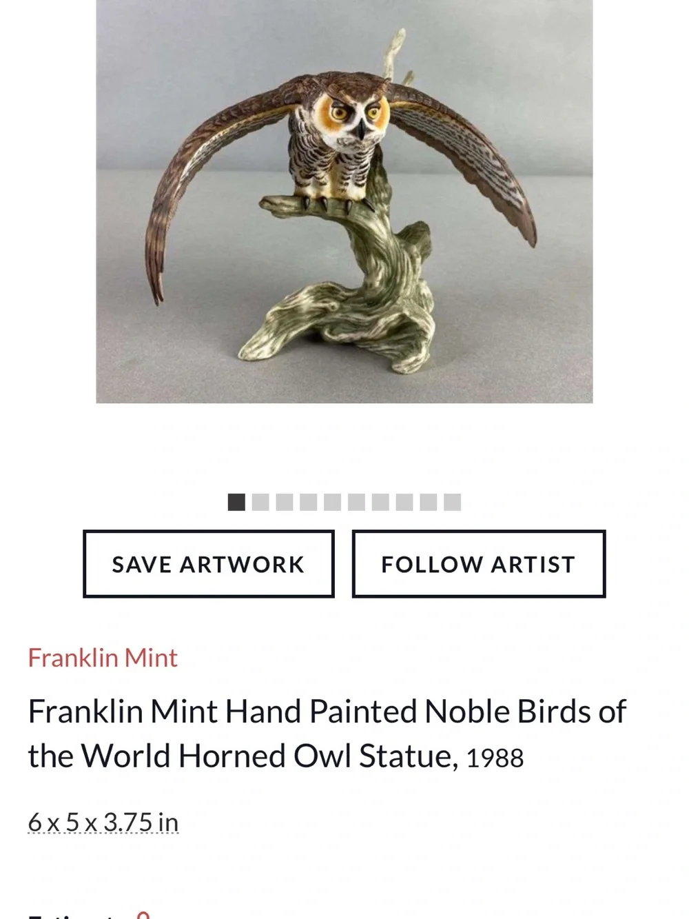 Franklin Mint Brown, Orange and White Great Horned Owl Figurine in Flight